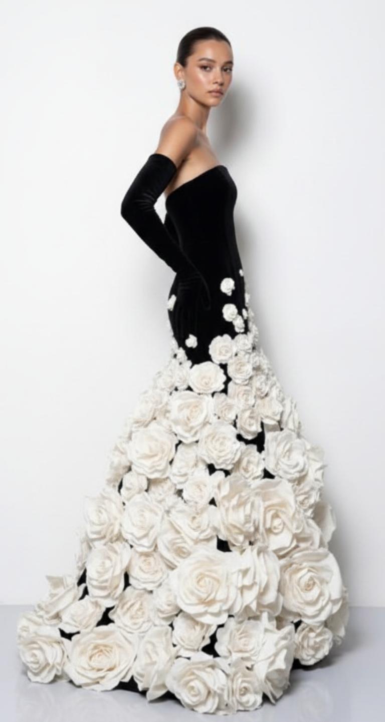 Strapless black velvet evening gown with long gloves and a voluminous skirt covered in 3D white floral embellishments.