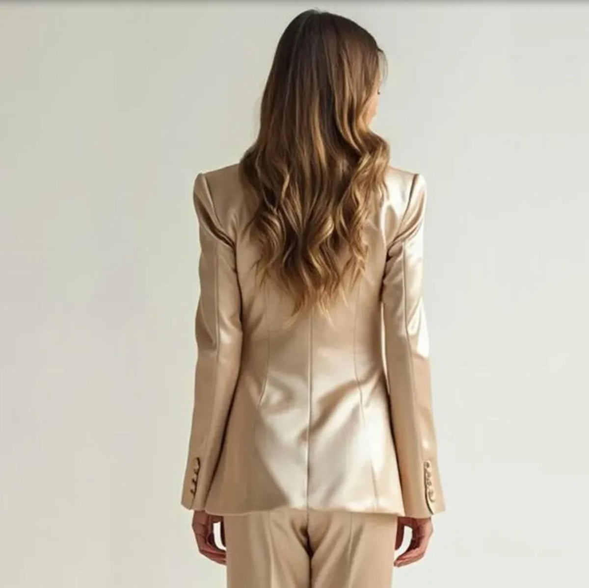 Back view of a woman wearing a champagne-colored satin two-piece suit with a tailored blazer and wide-leg trousers.