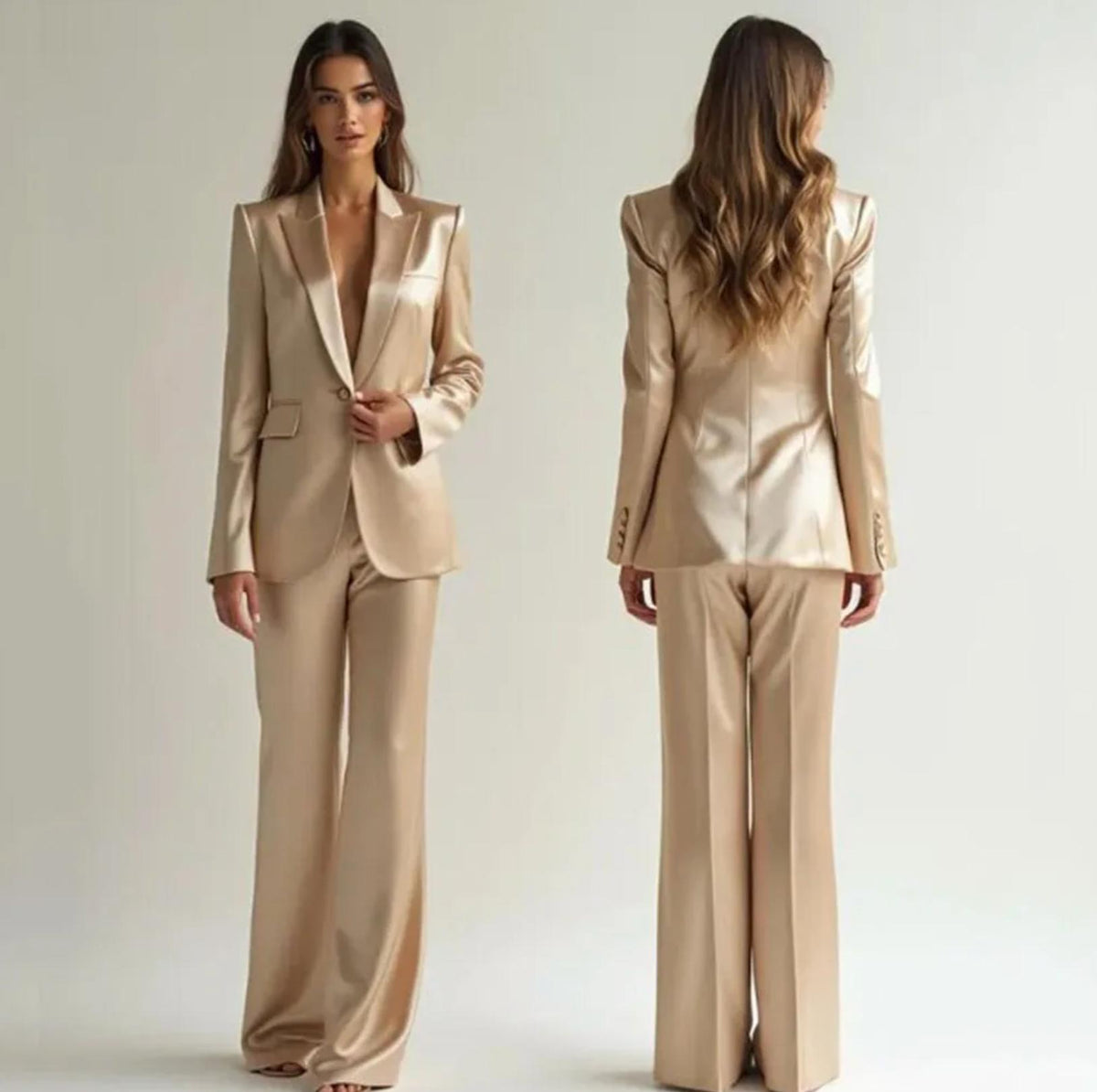 Champagne satin two-piece suit with a single-button blazer, notched lapels, and wide-leg trousers.