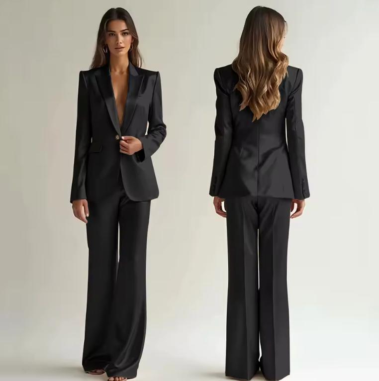 Black satin two-piece suit with a single-button blazer, notched collar, and wide-leg trousers shown front and back.