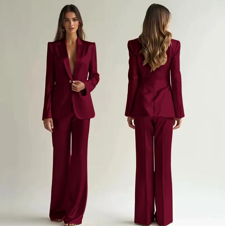Burgundy satin two-piece suit with a single-button blazer and wide-leg trousers, shown from front and back views.