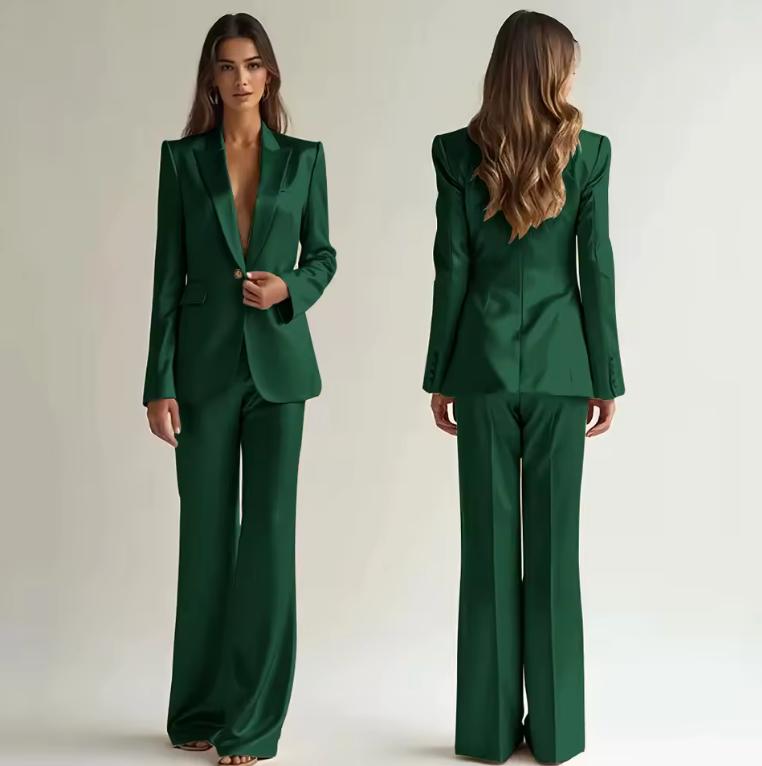 Emerald green satin two-piece suit with a single-button blazer and wide-leg trousers shown from front and back views.