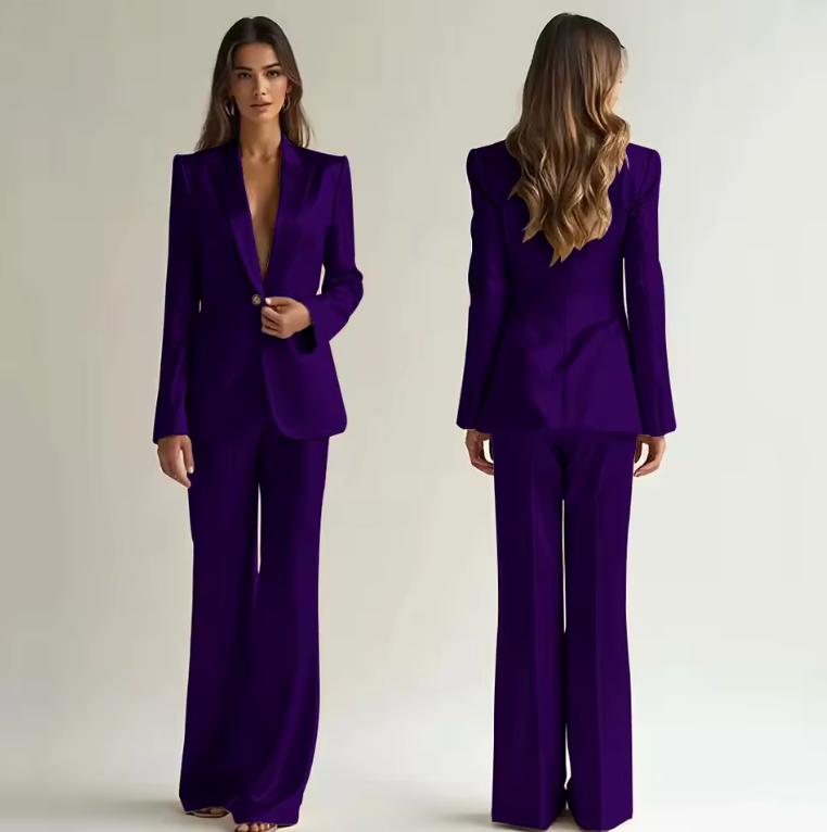 Deep purple satin two-piece suit with a single-button blazer and wide-leg trousers, shown from front and back views.