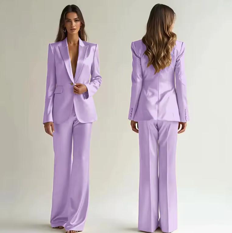 Lavender satin two-piece suit with a single-button blazer, notched collar, and wide-leg trousers on a model.
