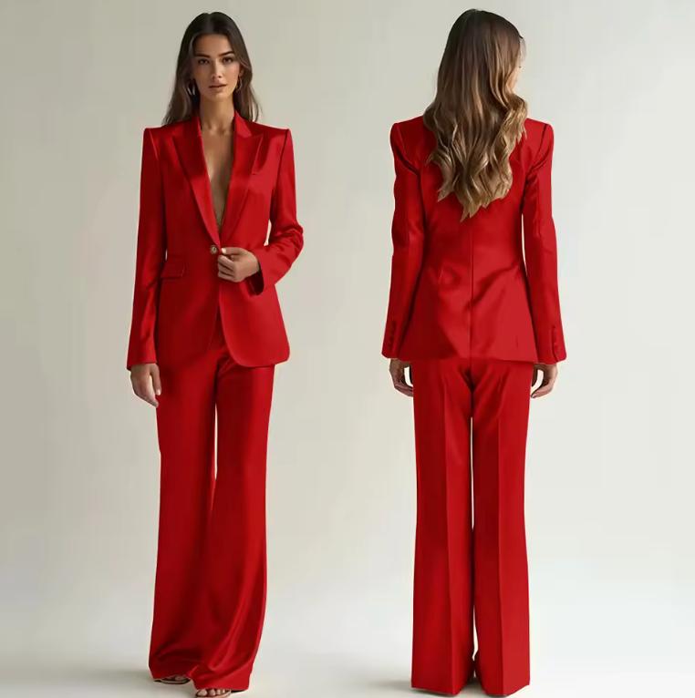 Model wearing a vibrant red satin two-piece suit with a single-button blazer and wide-leg trousers, front and back view.