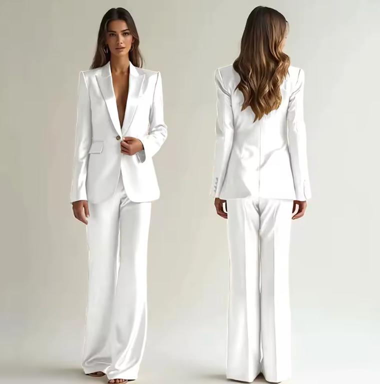 Woman wearing a white satin two-piece suit with a single-button blazer and wide-leg trousers, shown front and back.