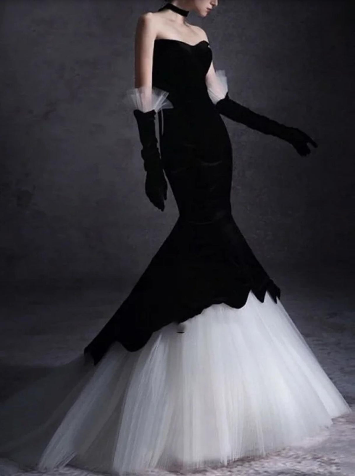 Black velvet fishtail gown with a white tulle skirt, strapless bodice, and matching opera-length gloves.