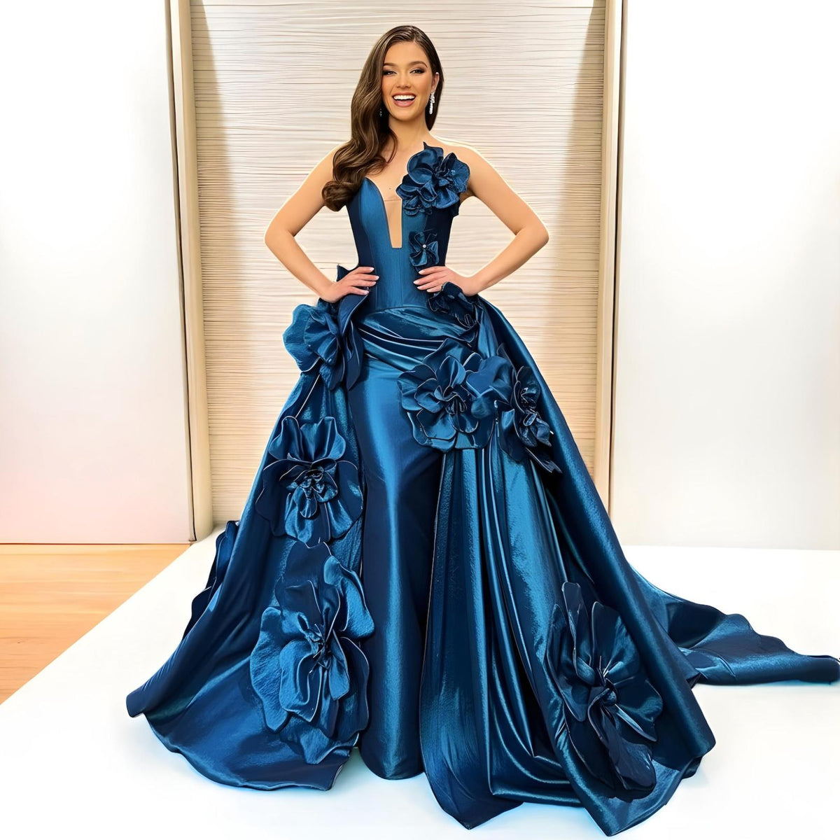 Deep teal strapless taffeta gown with a plunging neckline, 3D floral appliqués, and a dramatic detachable overskirt.