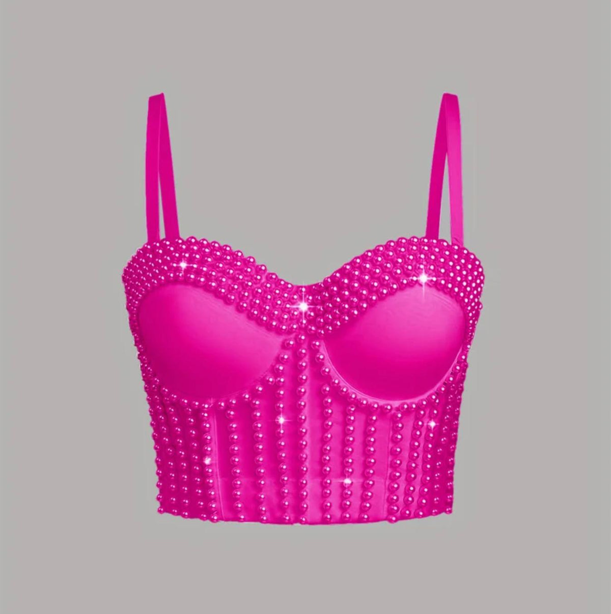 Hot pink corset camisole featuring decorative pearl-like appliqués and structured cups on a solid grey background.