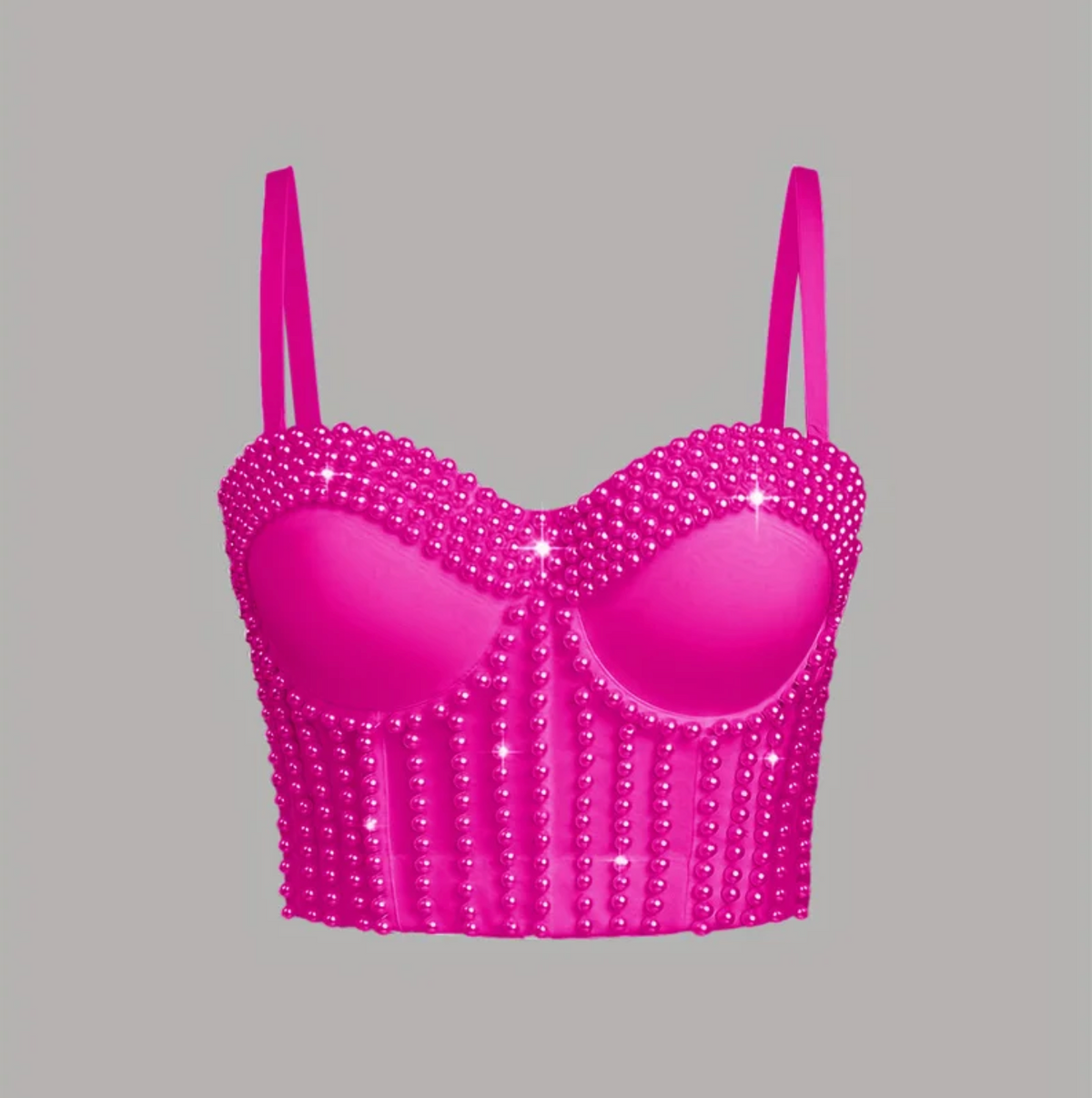 Hot pink corset camisole featuring decorative pearl-like appliqués and structured cups on a solid grey background.