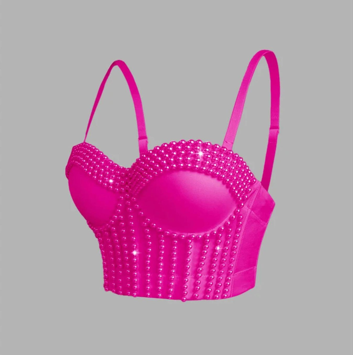 Hot pink handmade corset camisole featuring vertical rows of decorative beads and adjustable straps.