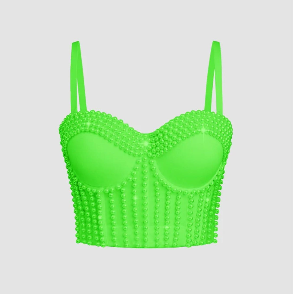 Bright neon green corset camisole featuring decorative beaded embellishments and a structured, form-fitting design.