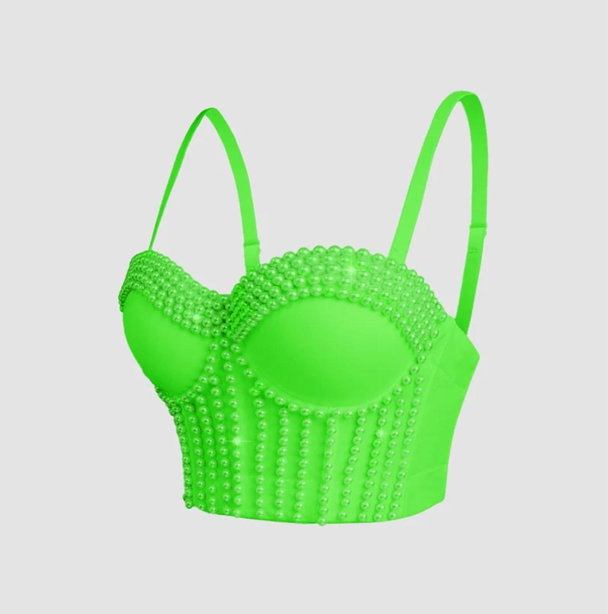Bright neon green corset camisole featuring decorative pearl embellishments and adjustable straps.