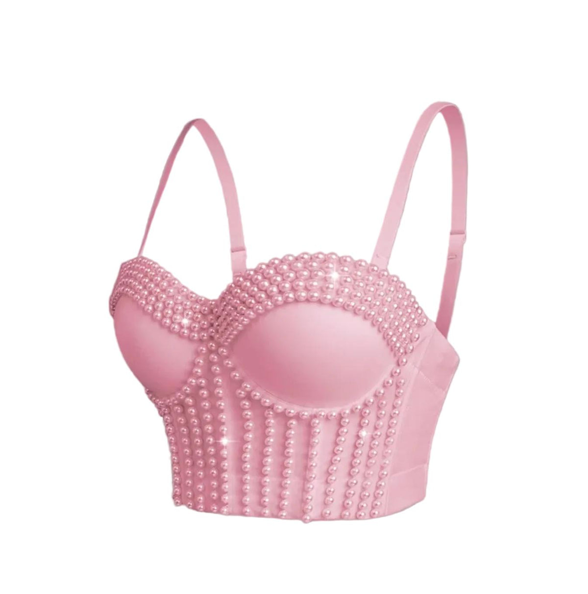 Pink corset camisole featuring vertical rows of decorative pearls and adjustable straps in a structured, fitted style.