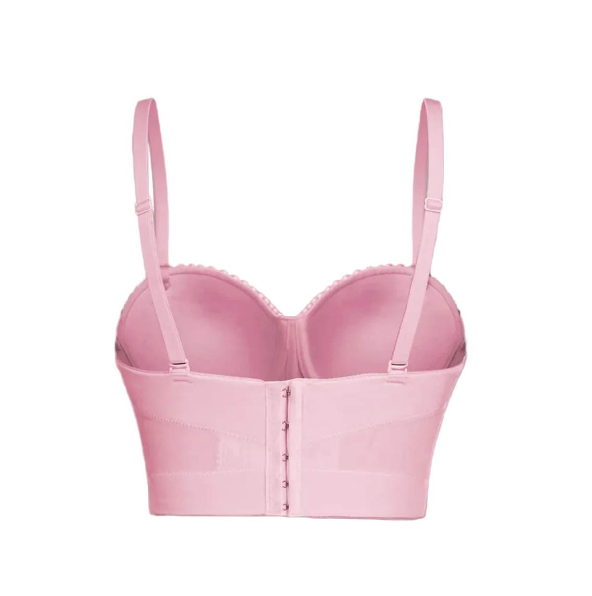 Back view of a light pink Ina corset camisole with adjustable straps and a hook-and-eye back closure.