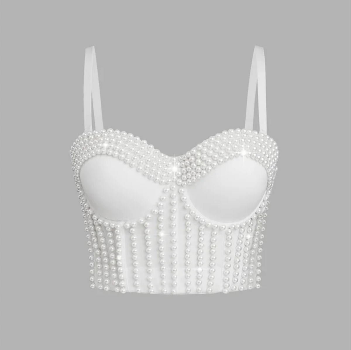 White handmade corset camisole featuring intricate pearl embellishments and a structured, form-fitting design.