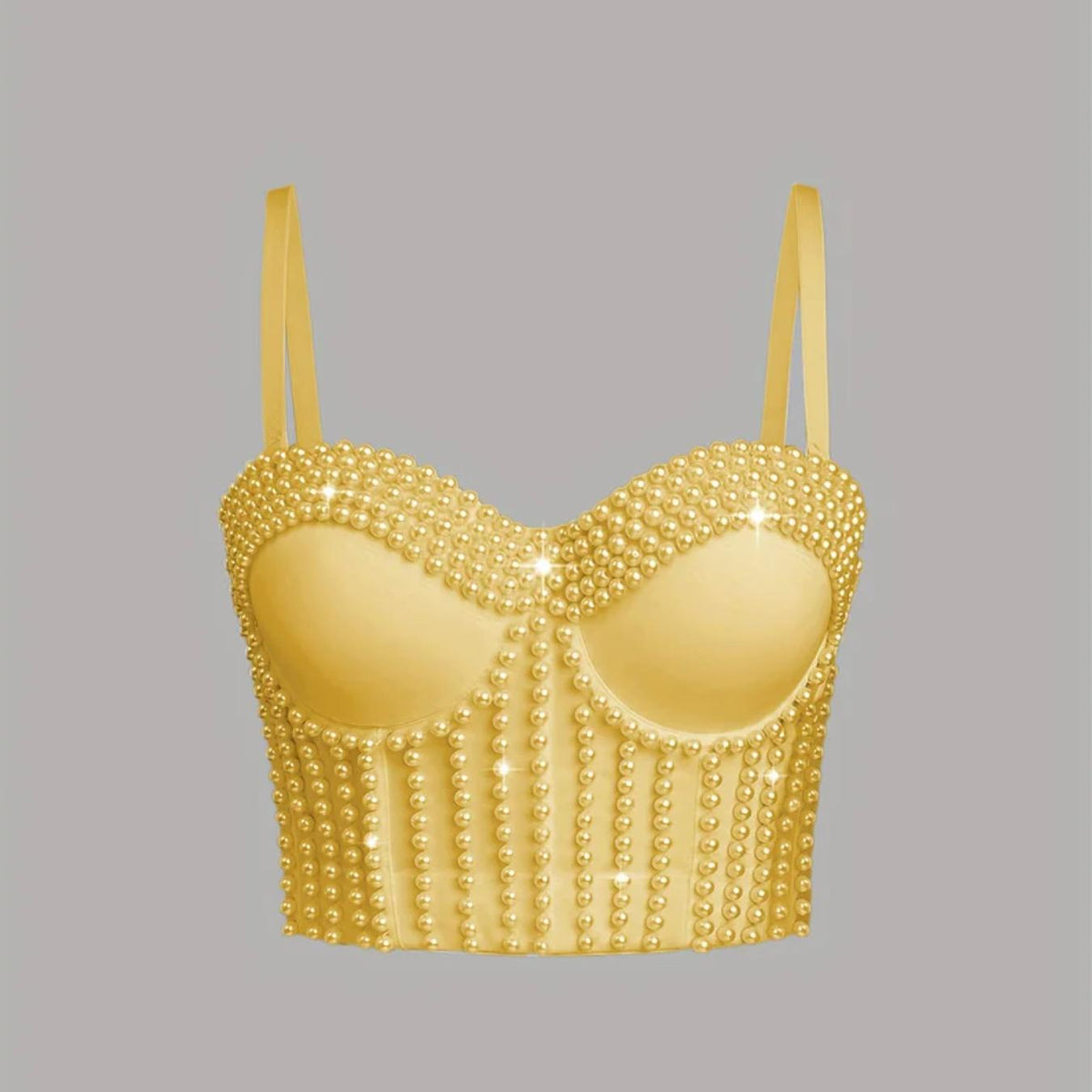 Gold handmade corset camisole featuring intricate pearl embellishments and a structured, form-fitting design.