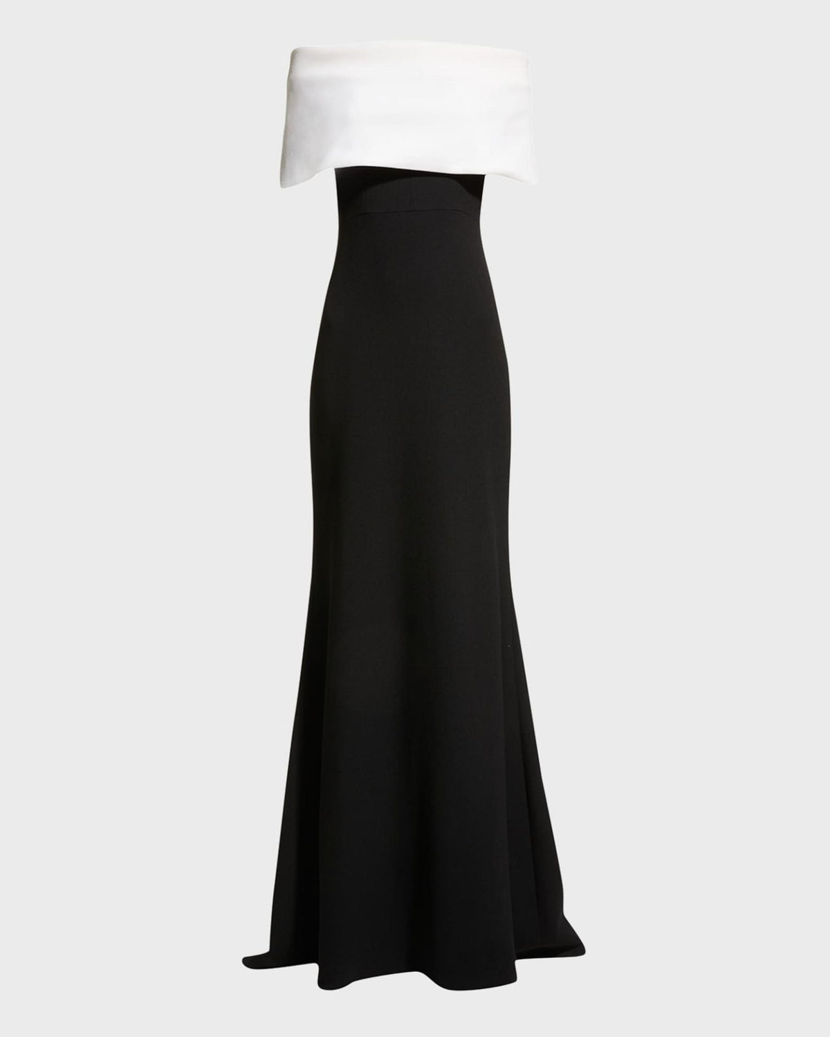 Two-tone black and white off-the-shoulder crepe mermaid gown with a structured fold-over bodice.