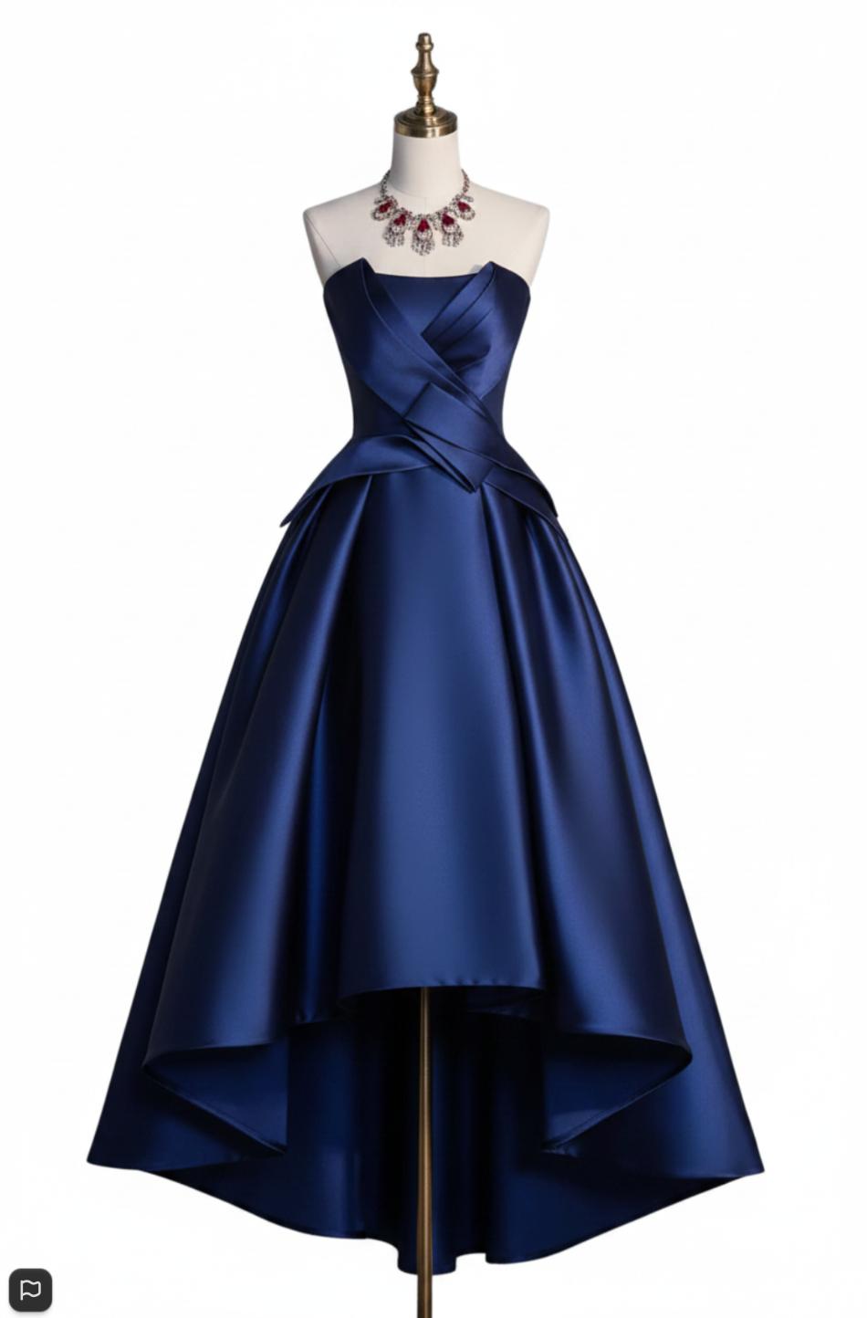 Navy blue satin midi dress with a strapless corset bodice and pleated high-low A-line skirt on a mannequin.