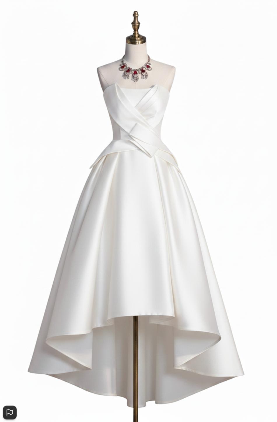 White satin high-low midi dress with a strapless structured corset bodice on a mannequin.