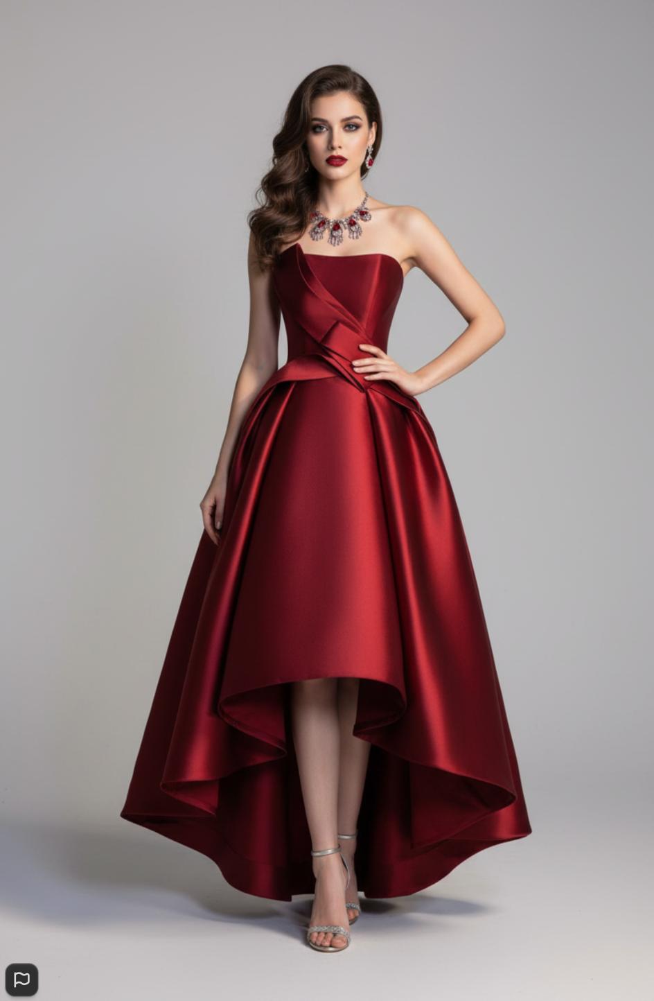 Strapless red satin midi dress with a structured corset bodice and elegant high-low pleated A-line skirt.