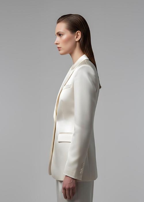 Model wearing a tailored ivory satin single-breasted blazer with peak lapels and matching wide-leg trousers.