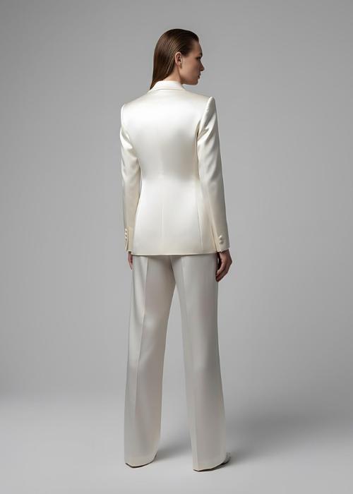 Model wearing an ivory satin pantsuit with a tailored single-breasted blazer and fluid wide-leg trousers.