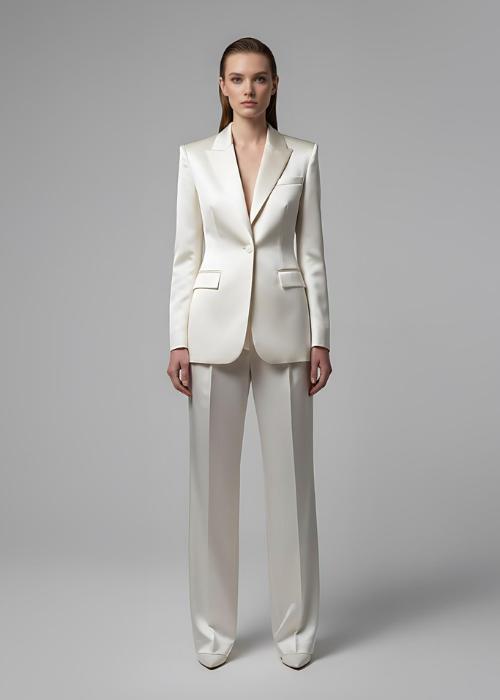 Ivory satin pantsuit featuring a single-breasted tailored blazer with peak lapels and matching wide-leg trousers.