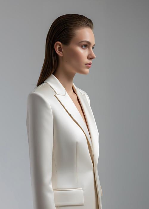 Model wearing a tailored ivory satin single-breasted blazer with peak lapels against a neutral gray background.