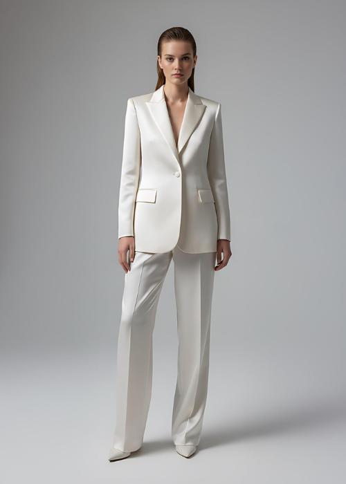 Ivory satin pantsuit featuring a tailored single-breasted blazer with peak lapels and matching wide-leg trousers.