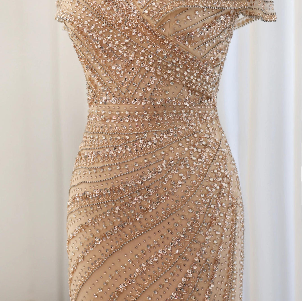 Silver nude mermaid gown featuring intricate crystal, sequin, and bead appliqués in a flattering, form-fitting design.