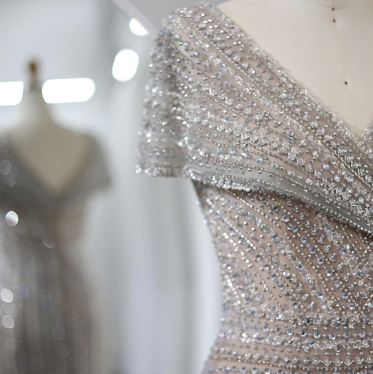 Silver nude mermaid gown with intricate crystal, sequin, and bead embellishments on a plunging V-neck bodice.