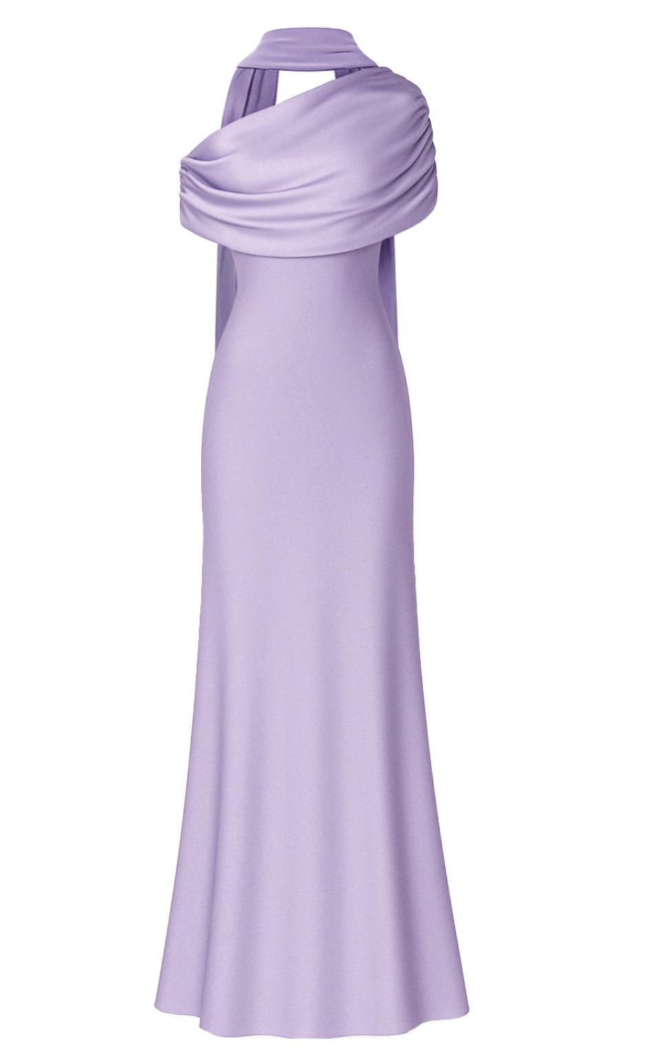 Lavender satin Kulture dress featuring a gathered Bardot neckline and a flowing, floor-length A-line silhouette.