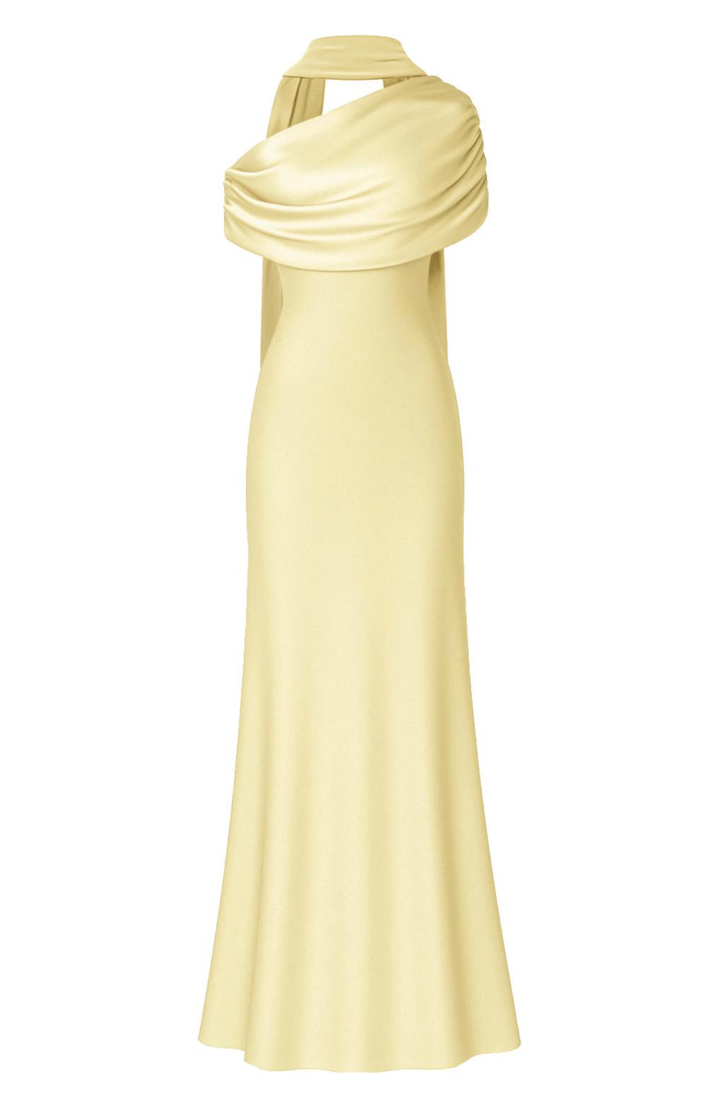 Pale yellow satin Kulture dress with a gathered Bardot neckline and flowing A-line silhouette.