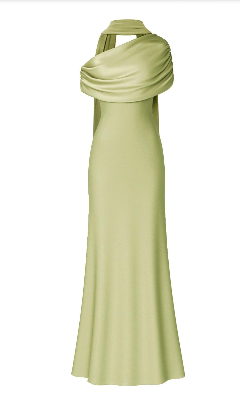 Sage green satin Kulture dress featuring a gathered Bardot neckline and a flowing A-line silhouette.