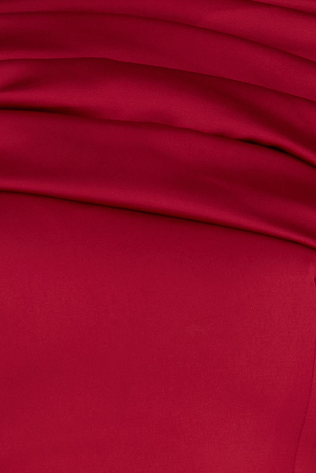Close-up of the Kulture dress in deep red satin, showcasing the smooth, draped fabric texture and elegant sheen.