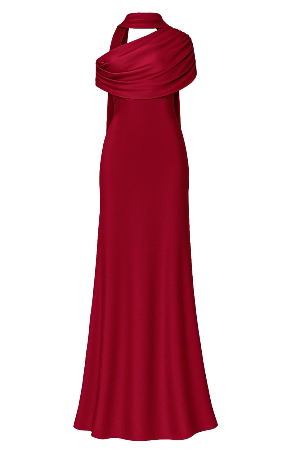 Deep red satin A-line gown featuring a gathered Bardot neckline and elegant shoulder-baring design.