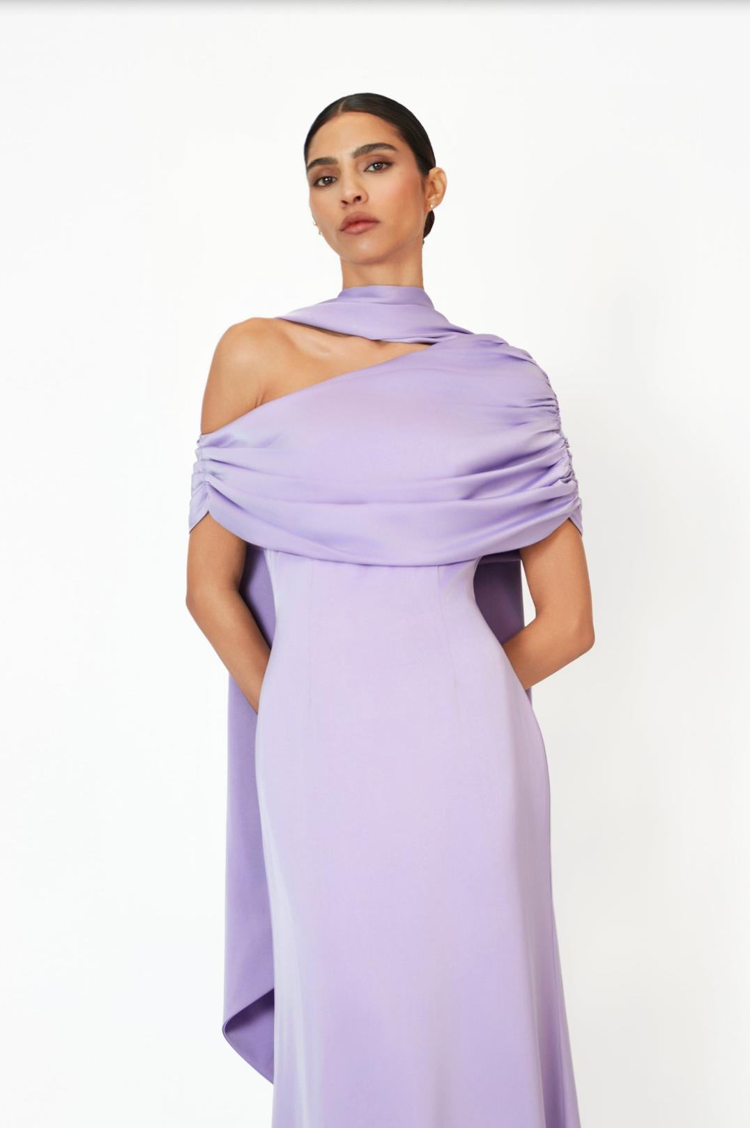 Lavender satin Kulture dress featuring a gathered Bardot neckline and elegant A-line silhouette.