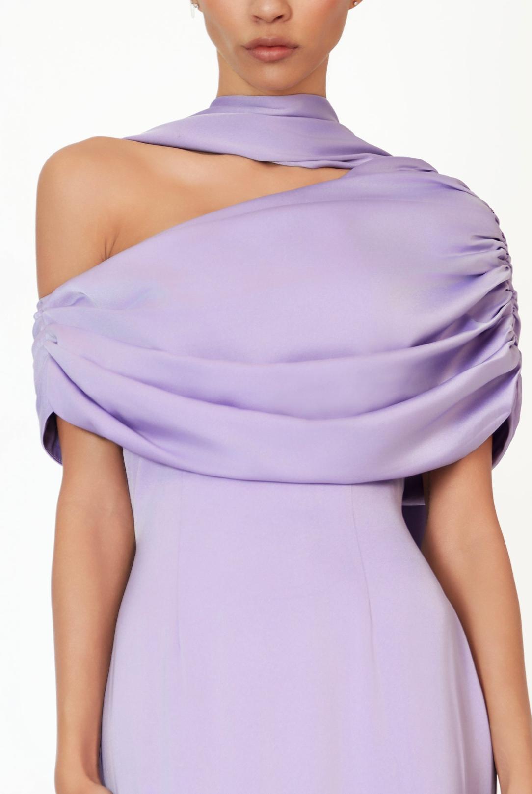 Lavender satin Kulture dress featuring a gathered Bardot neckline and elegant off-the-shoulder silhouette.