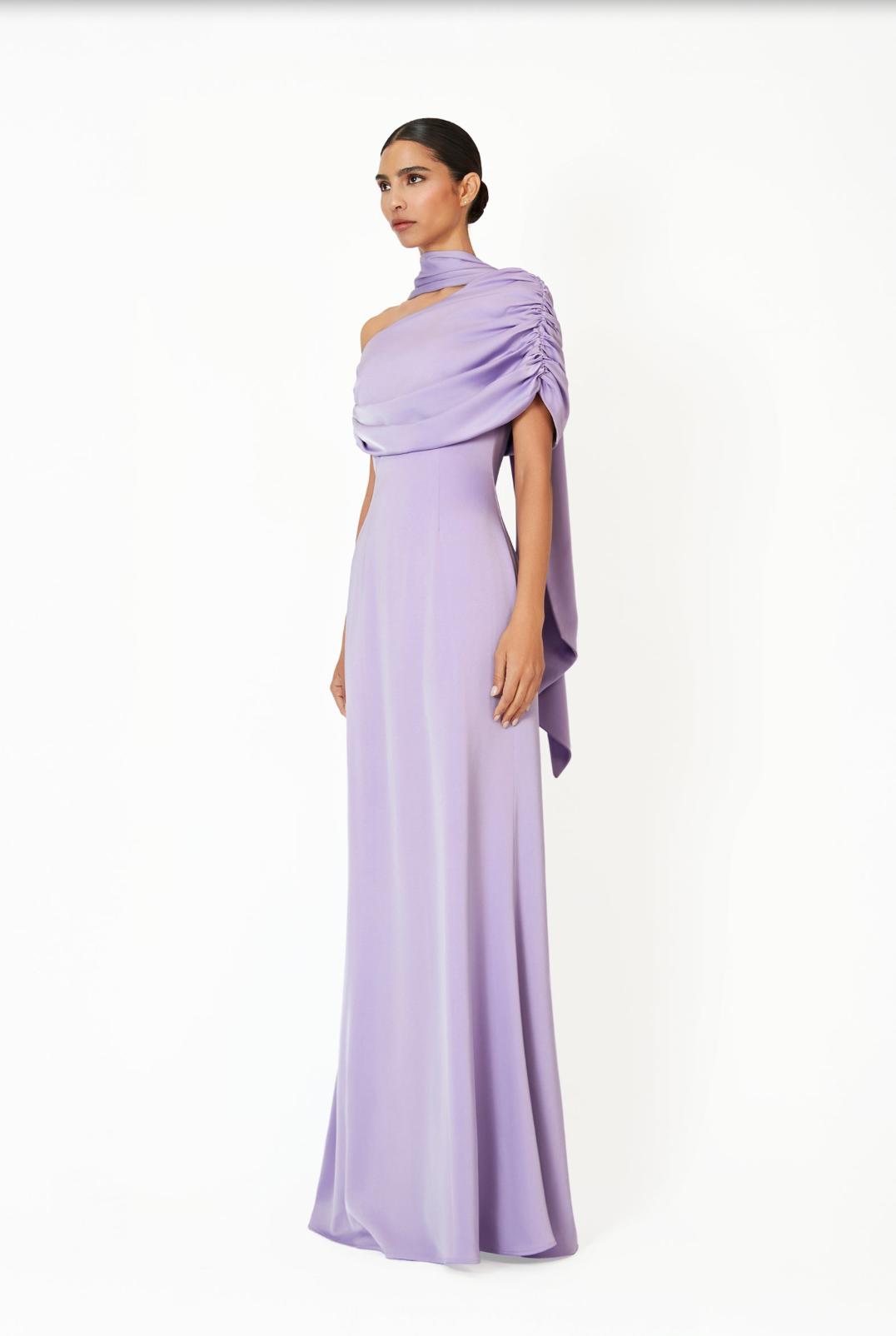 Lavender satin A-line Kulture dress with a gathered Bardot neckline and elegant draped shoulder detail.