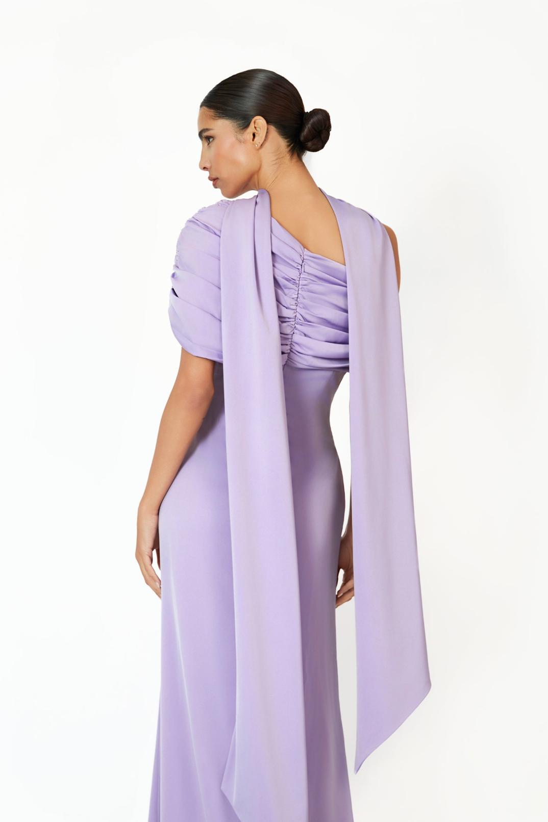 Lavender satin Kulture dress with a gathered Bardot neckline and flowing A-line silhouette against a white background.