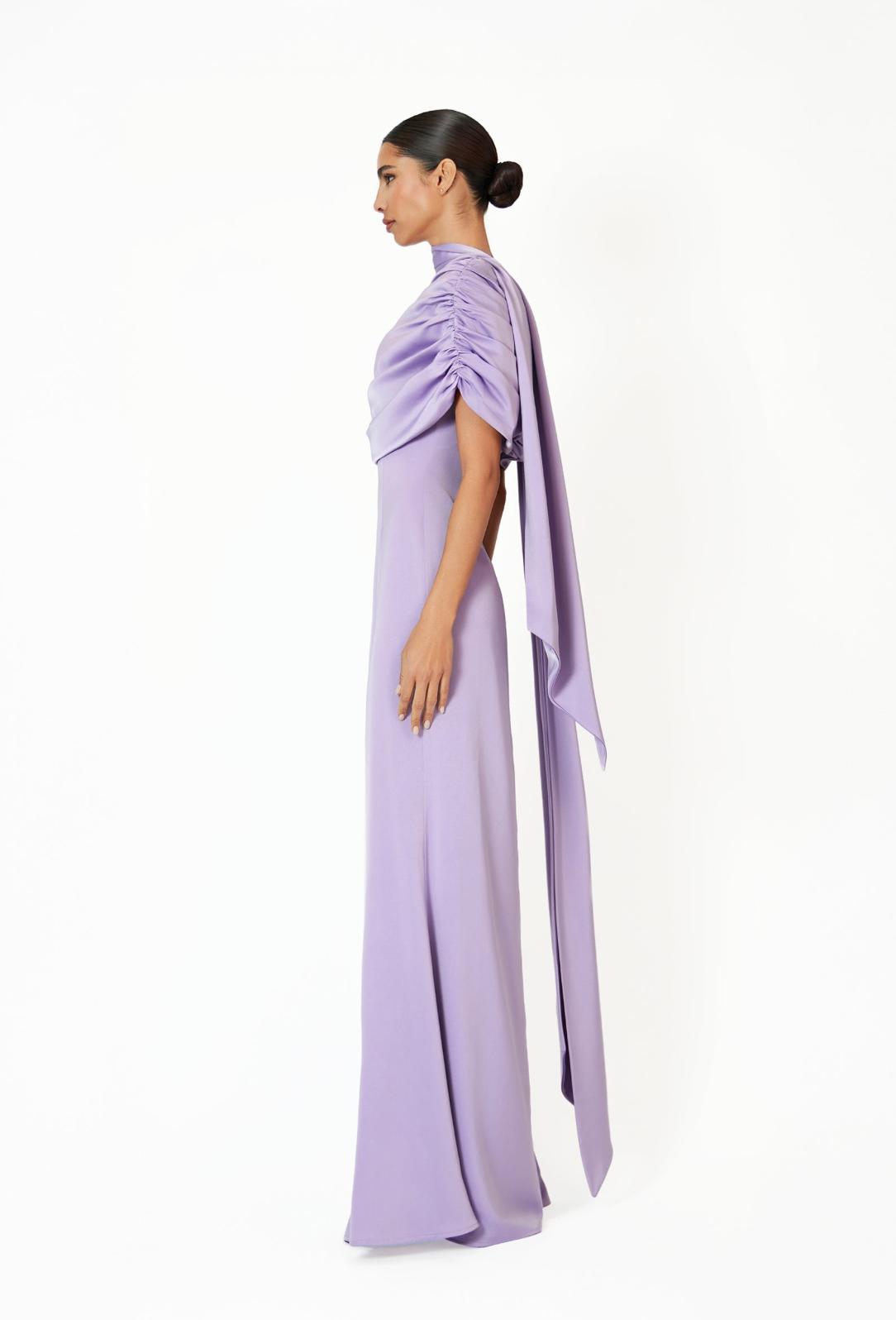 Lavender satin Kulture dress with a gathered Bardot neckline and flowing A-line silhouette on a model.