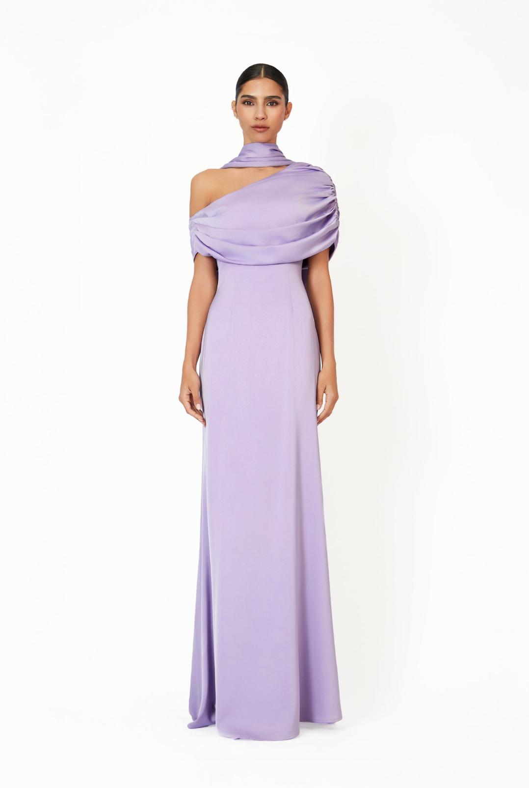 Lavender satin Kulture dress with a gathered Bardot neckline and elegant A-line silhouette on a model.