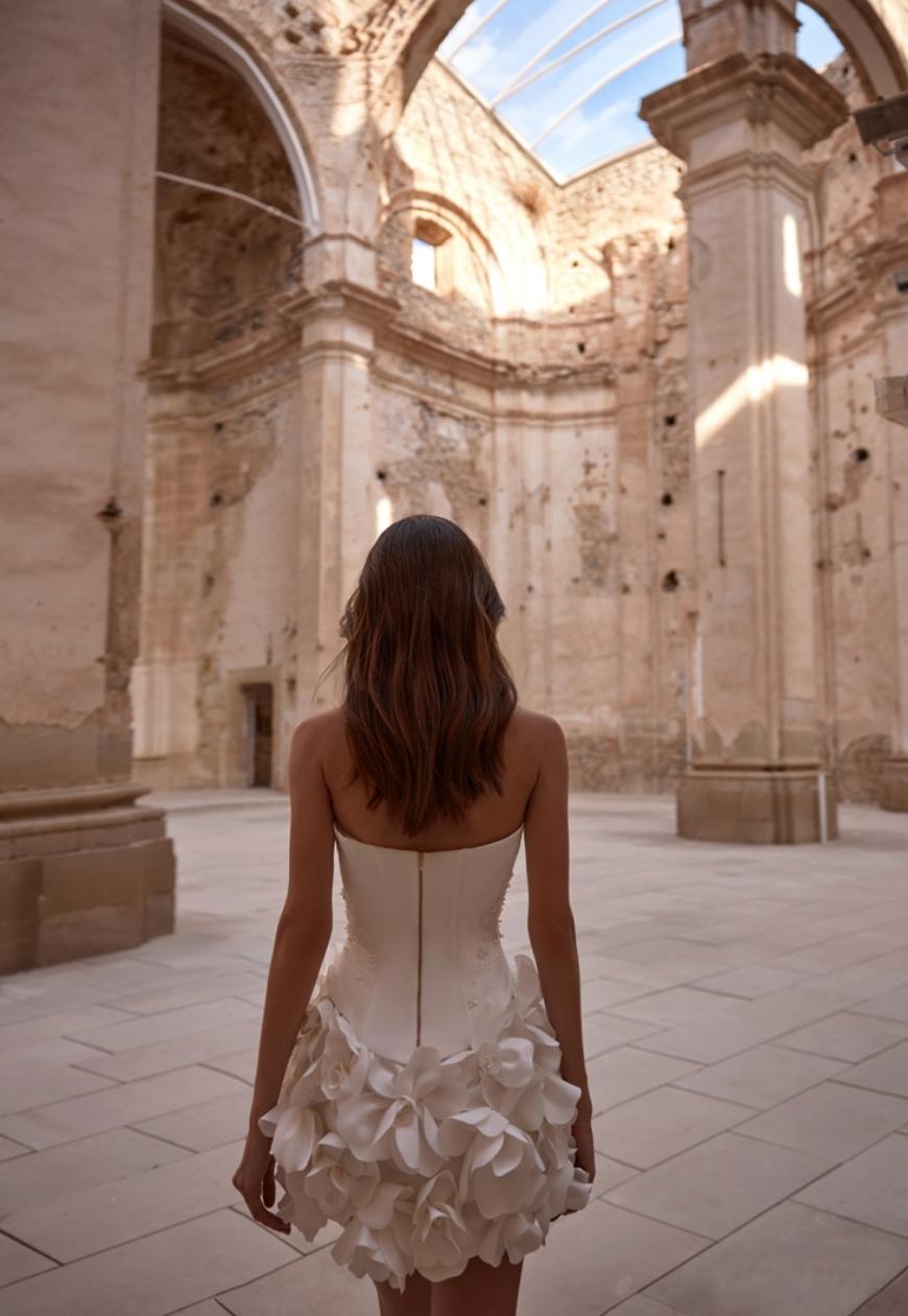 Back view of a white strapless bridal mini dress with 3D floral embellishments and a structured bodice in a stone ruin.