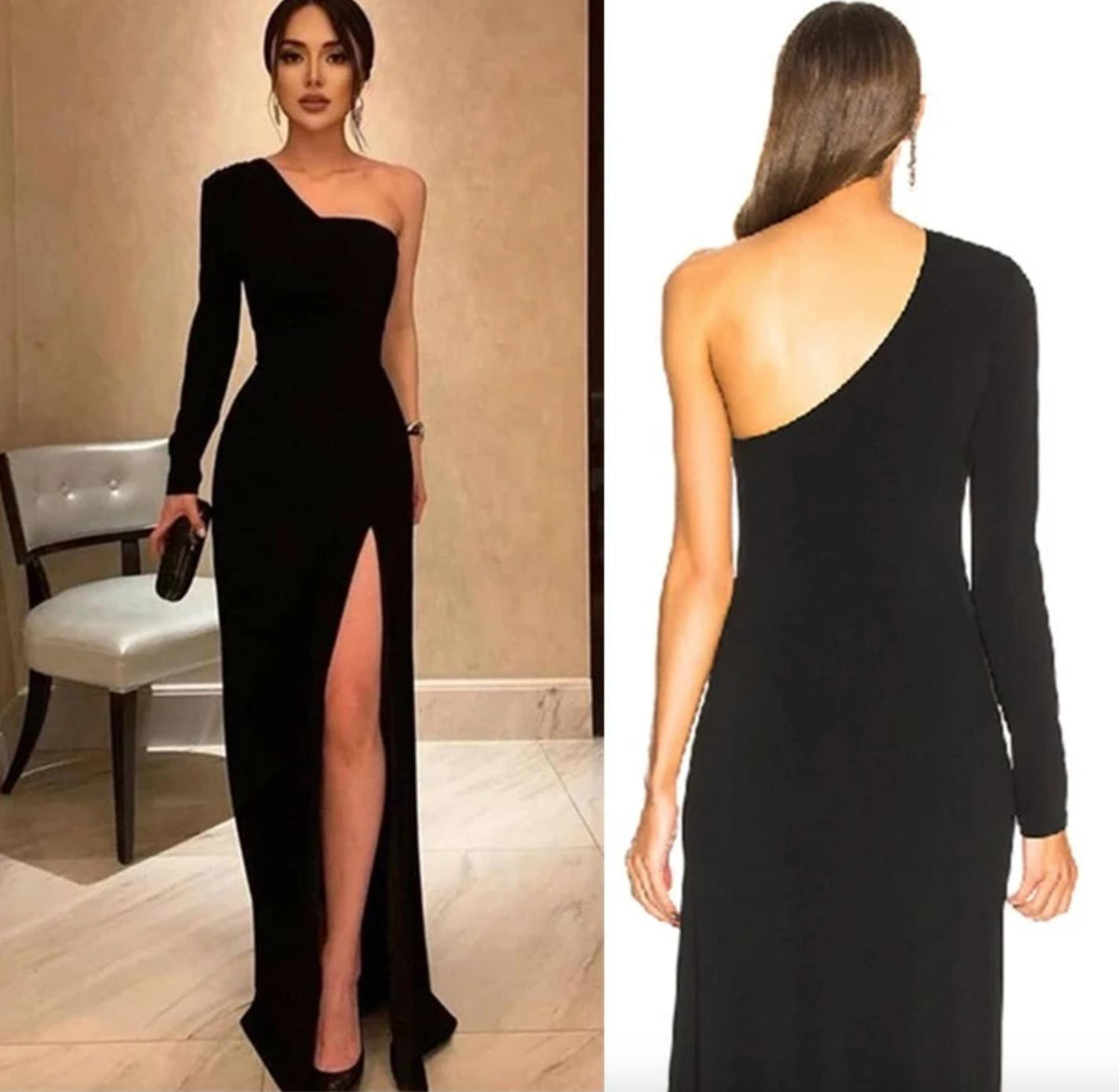 Sleek black one-shoulder evening gown with a floor-length silhouette and high side slit in microfiber and satin.