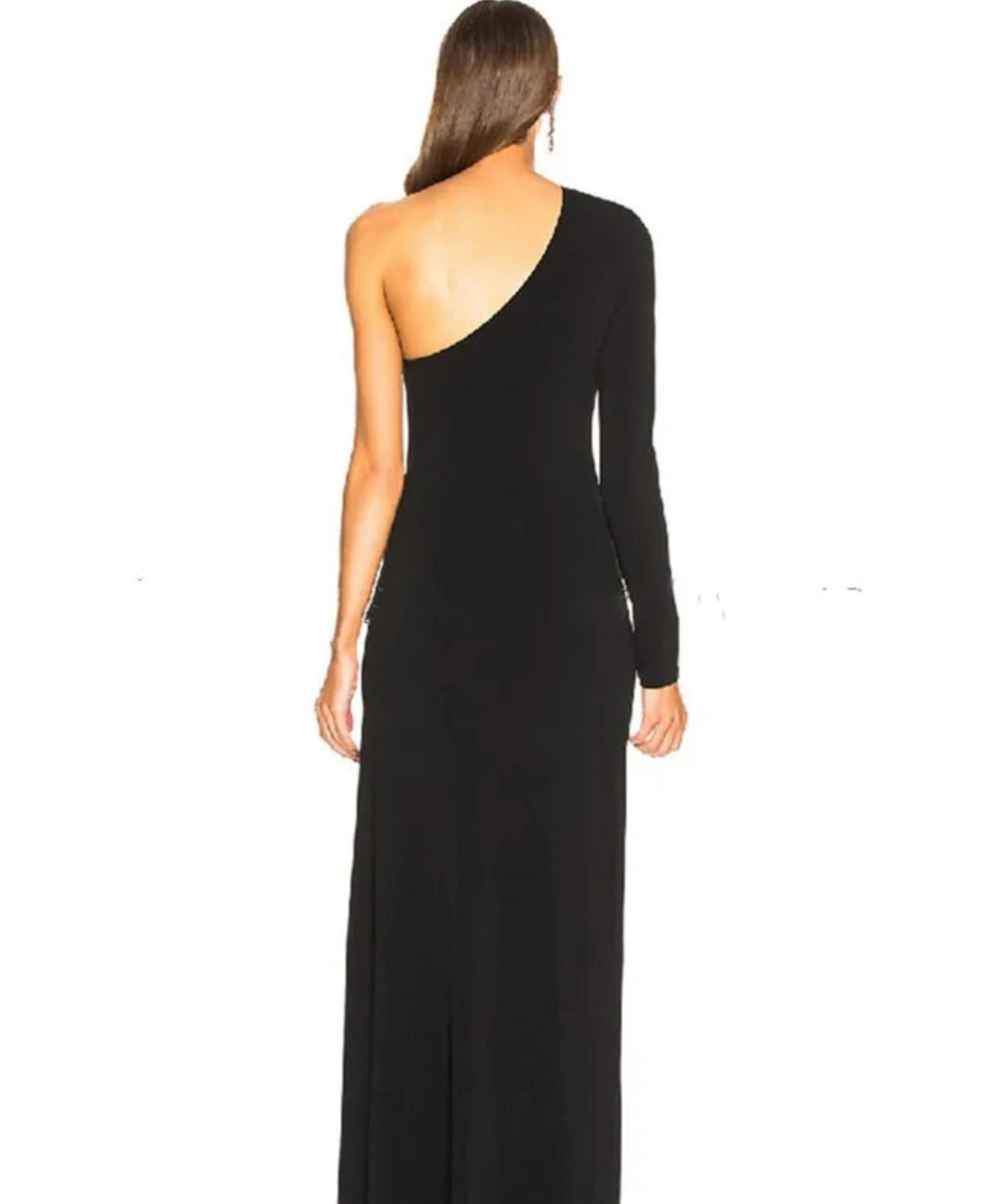 Back view of a black one-shoulder floor-length evening gown in sleek microfiber with a fitted silhouette.