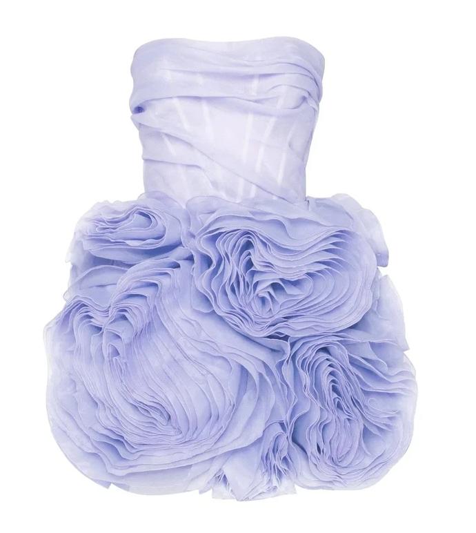 Lavender strapless mini dress with a corset bodice and voluminous 3D organza flower skirt details.