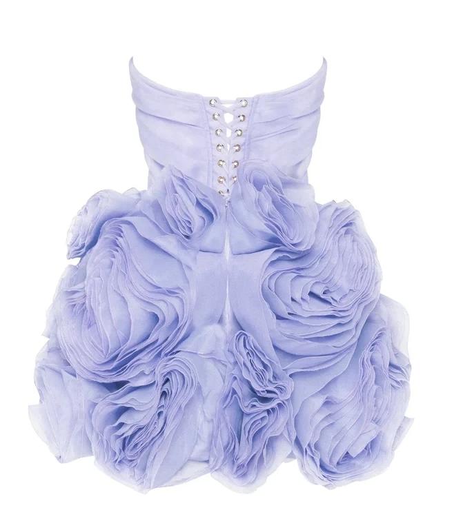 Lavender strapless corset mini dress featuring 3D organza flower details and a lace-up back closure.