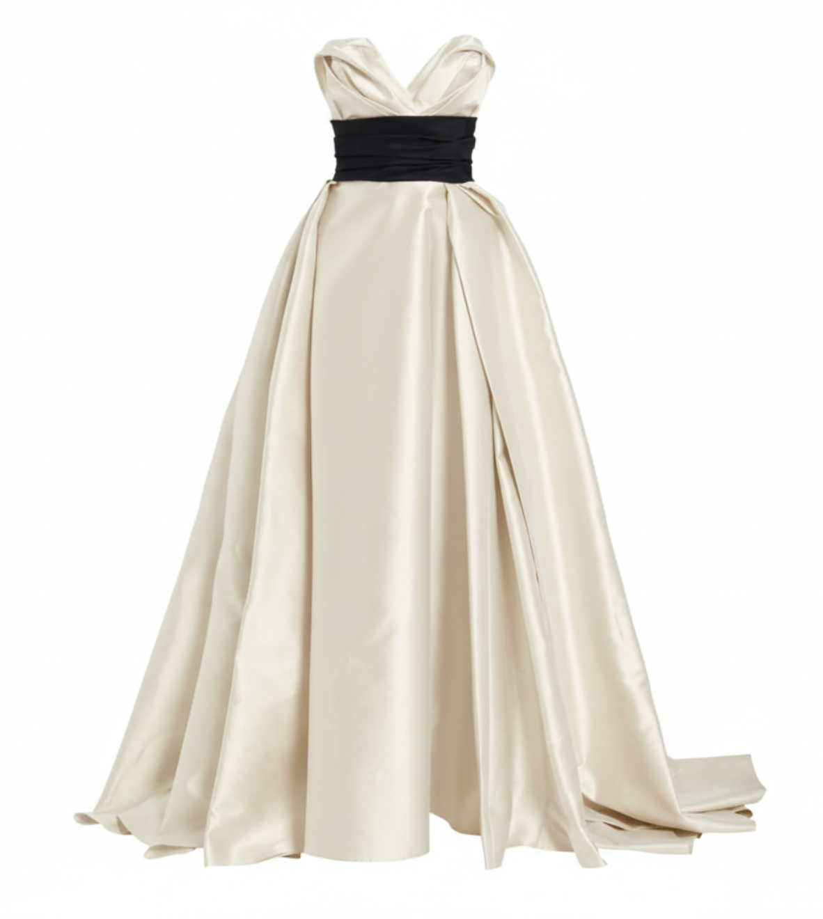 Ivory Mikado satin sleeveless gown with a sculpted sweetheart neckline and a contrasting black waist sash.