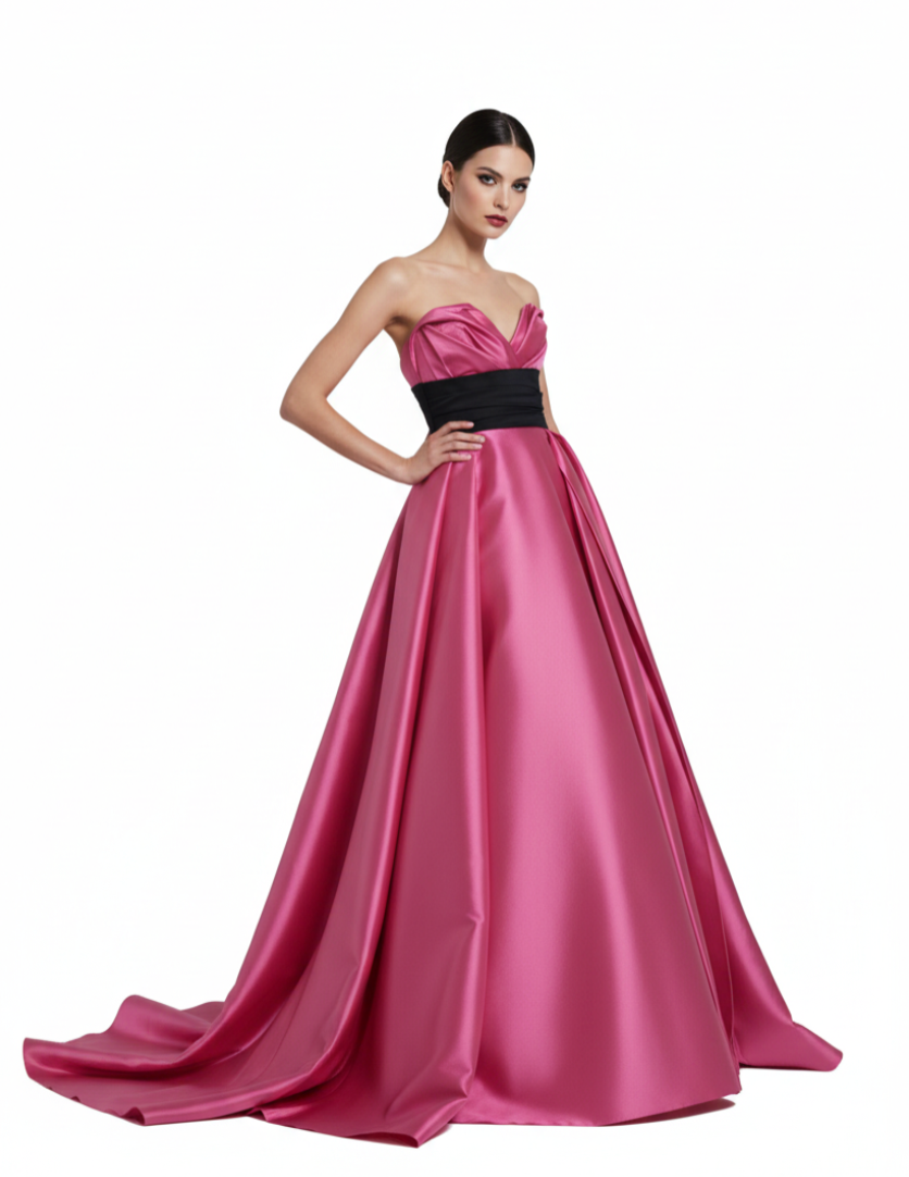 Sleeveless pink Mikado satin gown with a sculpted sweetheart neckline and a contrasting black waist sash.